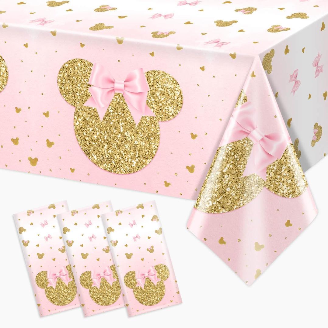3 Pieces Pink Mouse Birthday Tablecover Gold Mouse Head Cartoon Plastic Party Tablecloth Disposable Table Decoration for Kids Girls