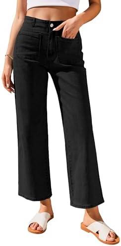 GRAPENT Wide Leg Jeans for Women High Waisted Straight Leg Stretchy Cropped Denim Pants with Pockets Jean Trousers Size M