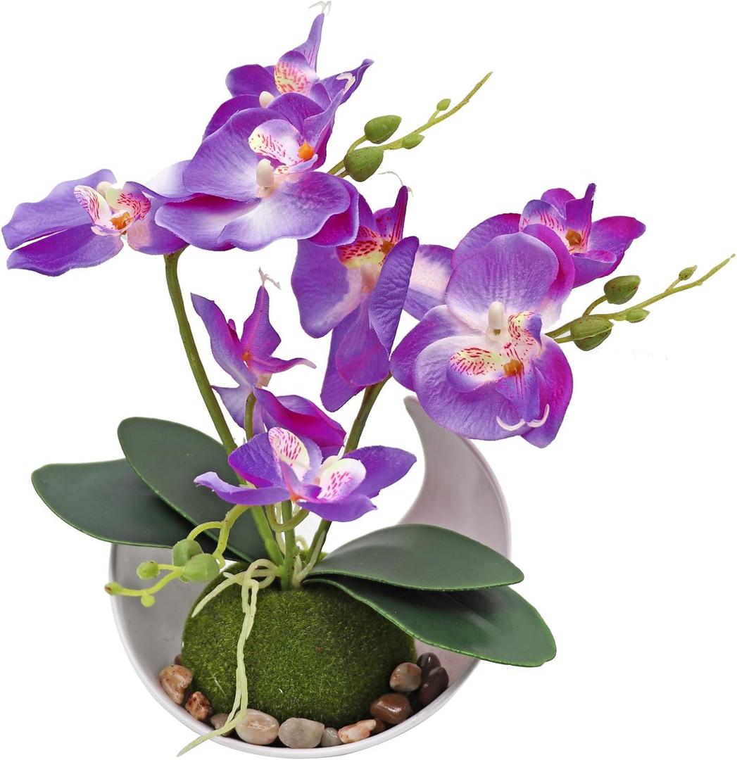 MINYULUA Artificial Orchid Flower, Purple Faux Phalaenopsis Flower Arrangement with Vase, Potted Plant Bonsai for Wedding Party Office Table Centerpiece Bathroom Home Decoration (11 x 5.9 x 5.9 inches)