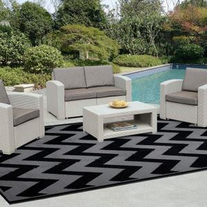 Easy-Going Reversible Outdoor Rugs 4x6ft Waterproof Plastic Straw Rug Stain & UV Resistant Floor Mat for Patio Porch RV Backyard Pool Deck Picnic Beach Trailer Camping (Waved Black & Grey)