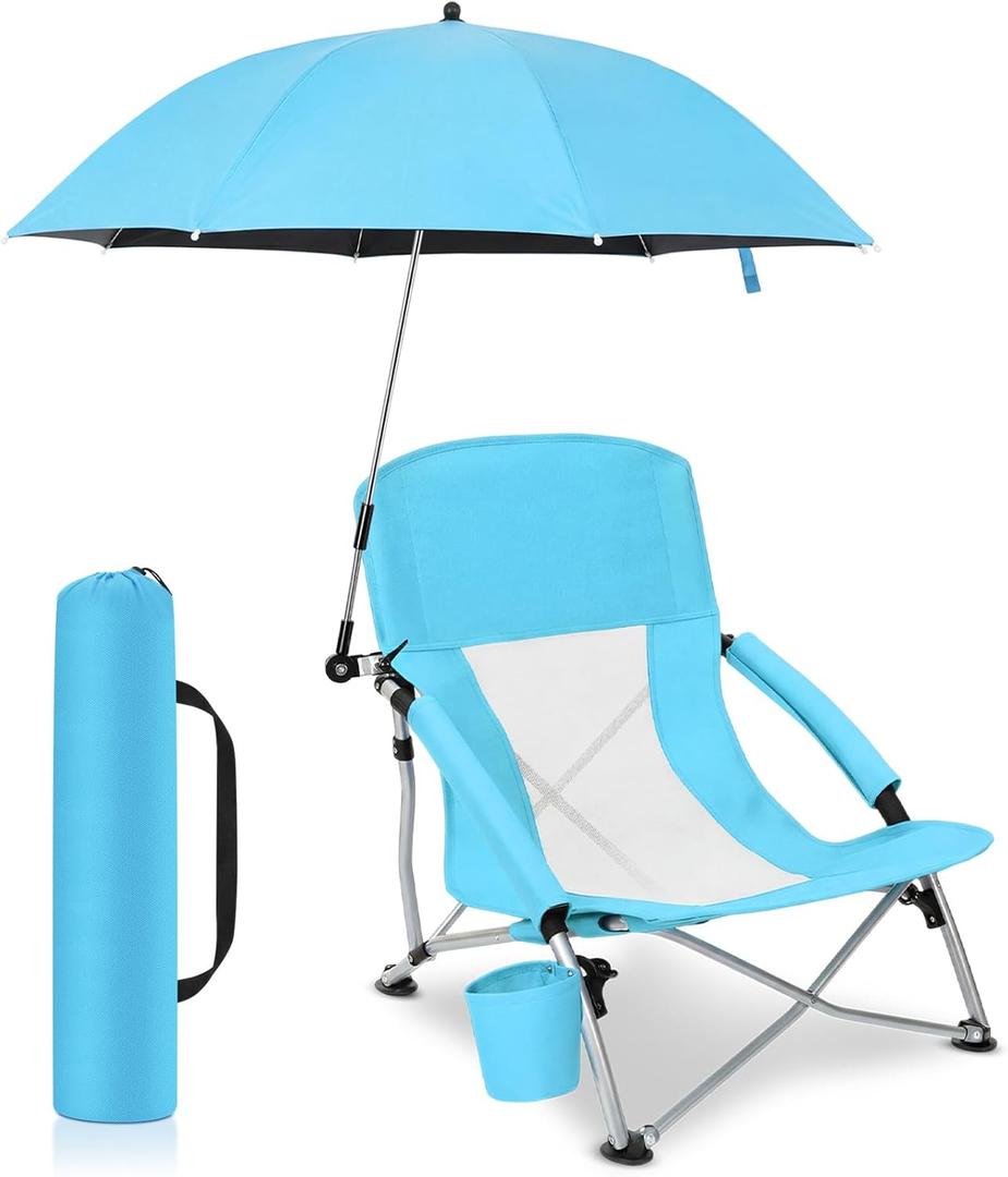 Lineshading 1 Pack Low Beach Chair with Umbrella for Adult, Lightweight Backpacking Folding Recliner Chairs with Carry Bag for Summer Beaches Tent Camping Picnics Barbecues Travel Outdoor (Blue)