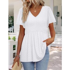Womens Summer Tops Babydoll Short Sleeve Shirts Puff Sleeve Peplum Tops V Neck T Shirts (3X-Large)
