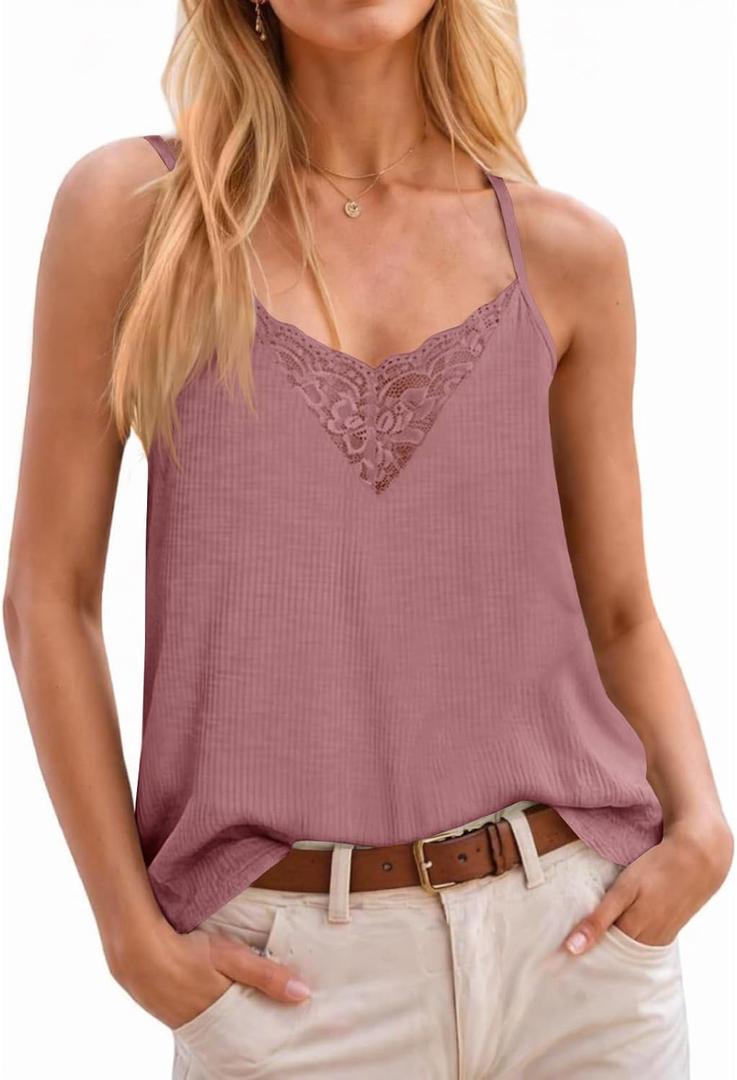 Yousify Womens Summer Tank Tops Lace Ribbed Knit Sleeveless Cami Shirts Casual Loose Fit Tunics (S)