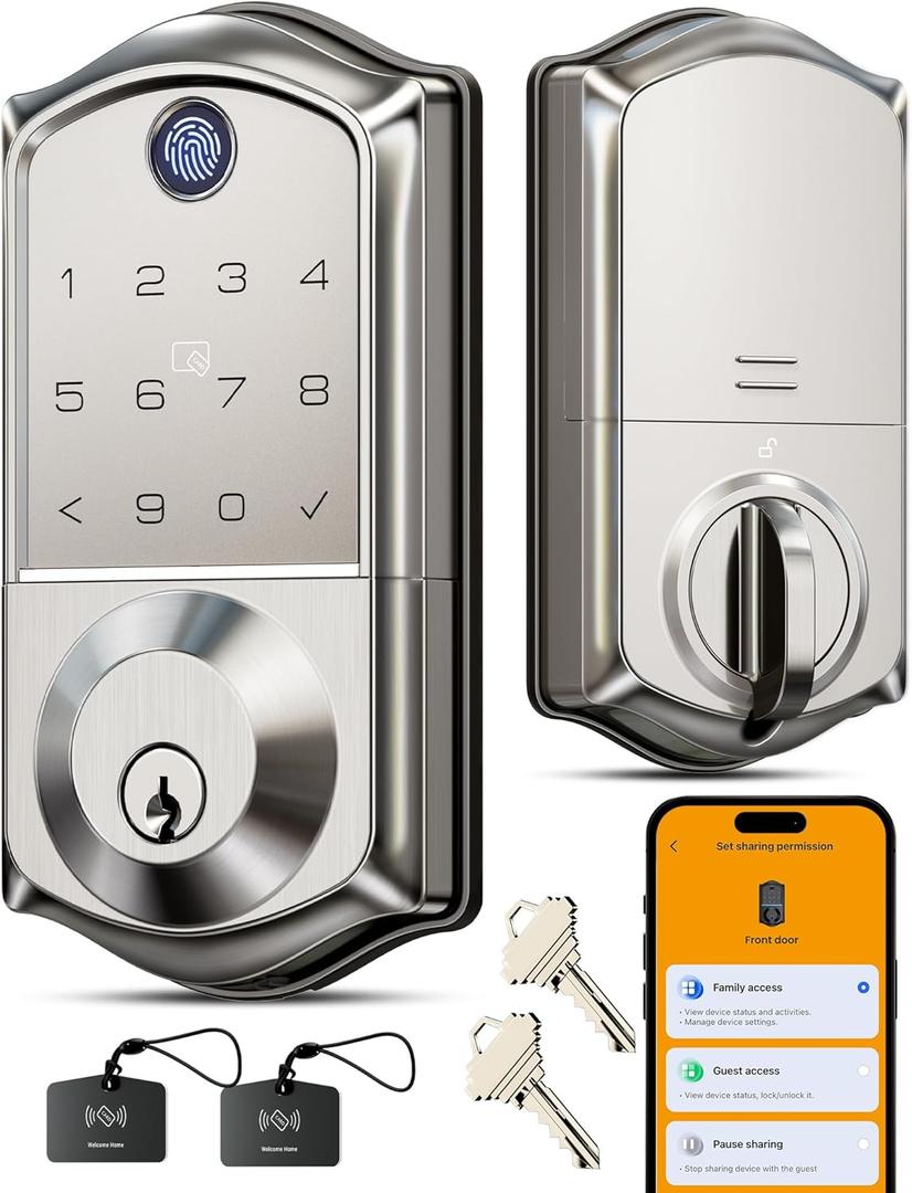Veise VE017 Fingerprint Smart Door Lock, App Control, 8-in-1 Keyless Entry, Auto Lock, Emergency Power Port, Electronic Touchscreen Keypad, Biometric Smart Locks for Front Door, Satin Nickel