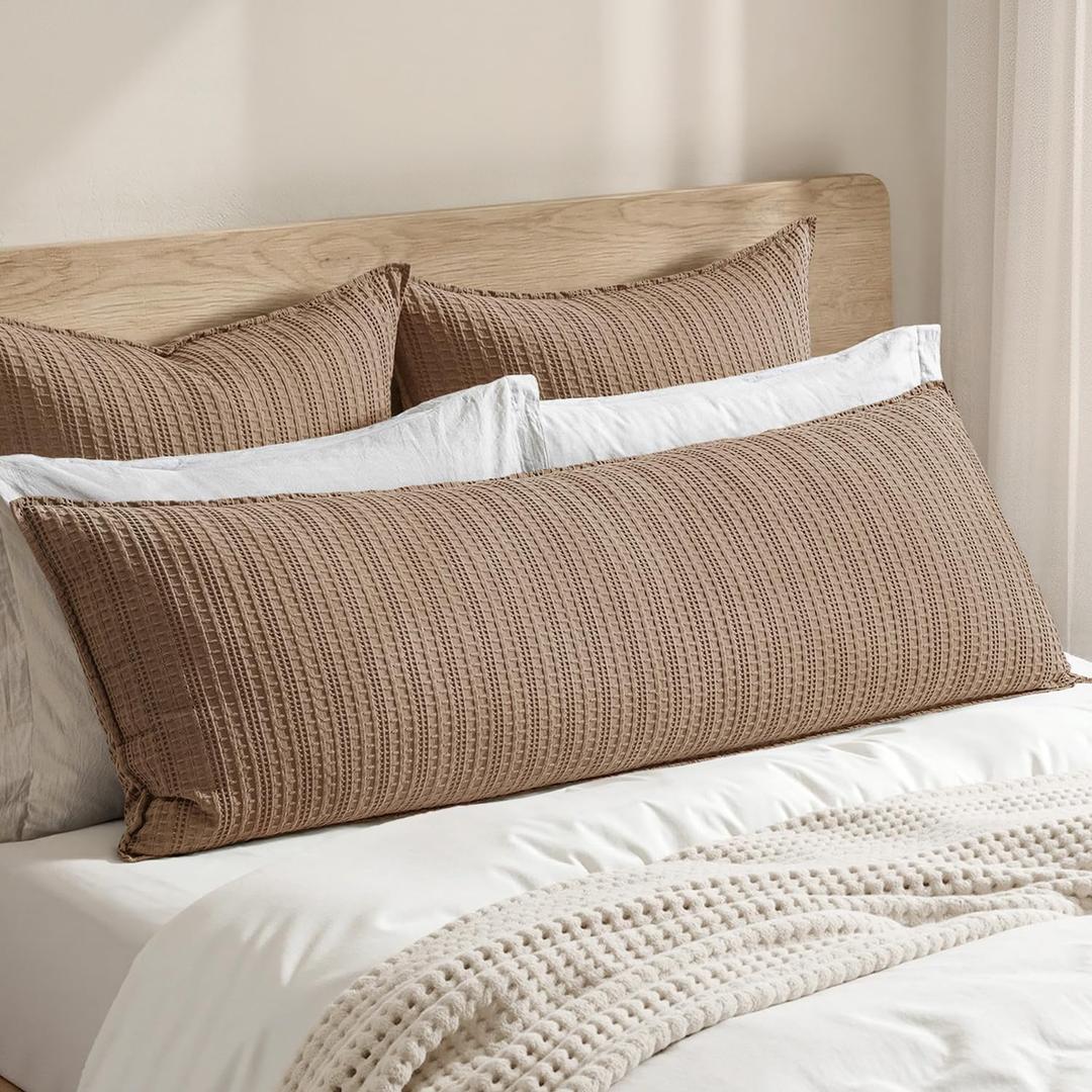 Woaboy 100% Cotton Waffle Weave Body Pillowcase, 1 Pack 20x54 Decorative Body Pillow Cover for Bed Couch Sofa, Neutral Soft Long Cushion Sham Modern Farmhouse Home Decor, Brown