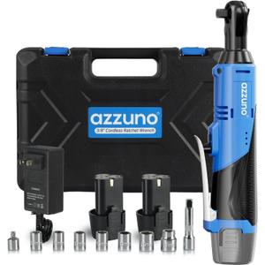 AZZUNO 3/8" Electric Ratchet Wrench Set 30 Ft-lbs Cordless Ratchet Wrench 300 RPM Power Ratchet Tool Kit with 2 x 2000mAh Lithium-Ion Battery, Fast Charger, 7 Sockets and 3" Extension Bar (Blue)