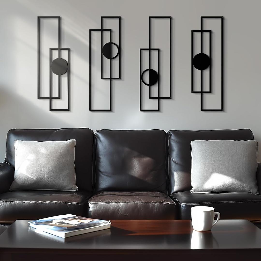 Abstract Black Metal Wall Art for Living Room, 4 Pack Large Wall Sculptures Minimalist Modern 3D Textured Geometric Metal Wall Decor for Bedroom Bathroom Kitchen Study, 22.5"x7.5''