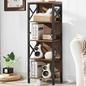 Small Bookshelf,5 Tier Industrial Bookshelf with Metal Frame and Backboard,Narrow Rustic Brown Book Shelf,Book case for Small Spaces,Living Room,Bedroom and Home Office (5-Tier (14.9"W x 10.2"D x 48.8"H))