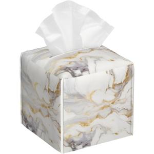 White Gold Marble Tissue Box Cover Square, Modern Abstract Marble Texture Tissue Box Holder Waterproof Leather Facial Paper Organizer Dispenser for Bathroom Home Car Nightstand Vanity Desk