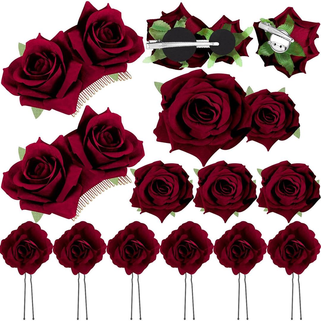 Waydress 12 Pieces Rose Flower Hair Clip Rose Brooch Floral Clips Mexican Flower Hair Pins Accessories for Women Mother's Day Gifts Flamenco Dancer Bridal Wedding Party Supplies (Burgundy, Red)