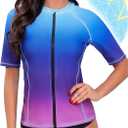 Tournesol Women's Rash Guard Short Sleeve Swim Shirt Zip Front Swim Top UV Sun Protection Swimsuit Top No Bra (L)