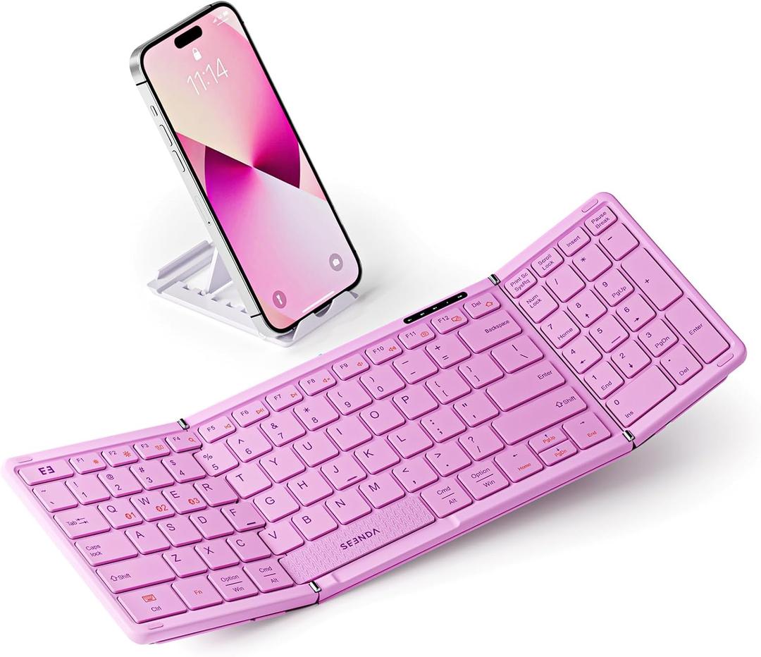 seenda Folding Keyboard with Number Pad, Portable Foldable Bluetooth Keyboard for Travel, Full-Size Rechargeable Keyboard for Laptop Tablet PC Smartphone Windows iOS Android Pink