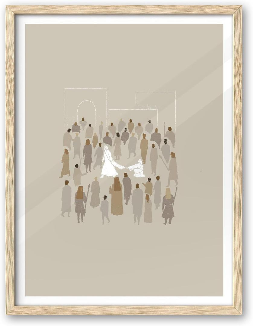 iHery Natural OAK Wood Woman Touches Jesus Christian Framed Wall Art, Large 16x20 in Modern Jesus Healing Bible Verses Canvas Art, God Heals Boho Scripture Bedroom Decor, 1Pack for Living Room