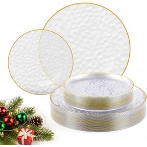 FOCUSLINE 60Pcs Clear Plastic Plates, Clear Disposable Plates with Gold Rim, 30 7" Salad Dessert Plate and 30 10" Dinner Plate Heavy-duty Hammered Plates for Party, Wedding