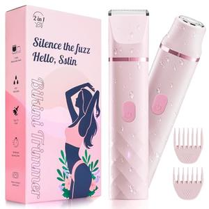 Bikini Trimmer for Women, IPX7 Waterproof, Painless Rechargeable Electric Razor Remover, 2-in-1 Facial & Pubic Hair Removal for Sensitive Skin, Portable Travel Size, Women’s Gift, Pink