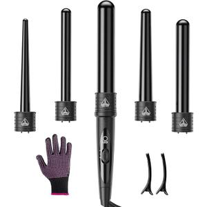 5 In 1 Curling Wand Set, Curling Iron Interchangeable Ceramic Barrels (0.35-1.25 Inch), Heating Hair Curler Kit with Protective Glove & 2 Clips Ceramic Coated for All Hair Types, Gift for Girls, Women (Black)
