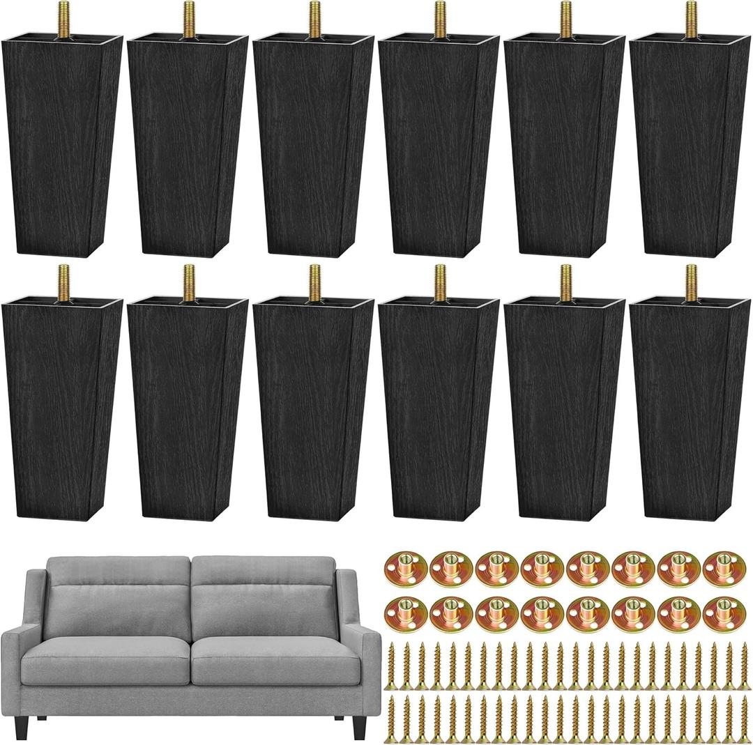 TURSTIN 12 Pieces 5.7" Plastic Furniture Legs Replacement Couch Legs Square Tapered Sofa Leg Mid-Century Modern Furniture Feet for Armchairs Couch Bed Coffee Table Dresser