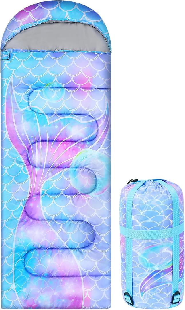 Camping Sleeping Bag for Kids Girls Boys,3 Season Warm Sleeping Bag Waterproof Portable for Outdoors Traveling,Camping (Blue Mermaid)