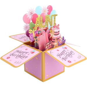 Happy Birthday Aunt Pop Up Card, Foldable 3D Birthday Greeting Card with Envelope Funny Colorful Balloons and Fireworks Popup Gift Box for Aunt, 23x23x17.6cm/9.06x9.06x6.93 in