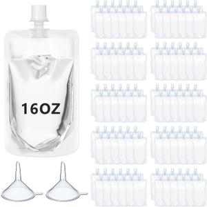 100 Pcs Plastic Pouches Bulk Clear Juice Bags Squeeze Pouches Plastic Leak Proof Bags with Funnel for Party Favors (16 oz)