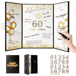 Birthday Decorations for Women Men Happy Birthday Sign Black and Gold Party Decoration Guest Book for Party Signature Happy 16 18 20 30 40 50 60 70 Birthday Gifts for All Ages