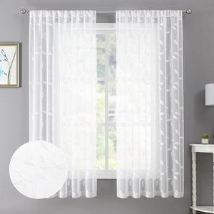 Tollpiz White Leaf Sheer Curtain Leaves Embroidered Bedroom Curtains Rod Pocket Voile Window Treatments for Living Room, 38 x 63 inches Long, Set of 2 Panels