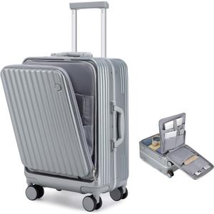 Somago Carry on Luggage Front Open 22x14x9 Airline Approved Lightweight Suitcase with Cup Holder and USB Port Aluminum Frame Polycarbonate Spinner Hard Suitcase with TSA Lock (Silver)
