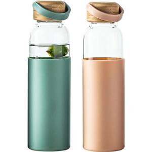 wangsdjy 21oz Borosilicate Glass Water Bottles with Silicone Non-Slip Sleeve & Leak-Proof Lid-Reusable Drink Bottle for Office,Travel,Gym,Hiking-BPA Free,Ideal Gift for Home,Car &Fitness (Pink+Green)