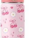 Cherry Gifts for Kids - 16oz Pink Kids Water Bottle with Straw Lid, Stainless Steel Insulated Tumbler, Leakproof, BPA-Free, for Girls, School, Travel - Cherry Lovers Children Birthday Gift Cup (1pc)