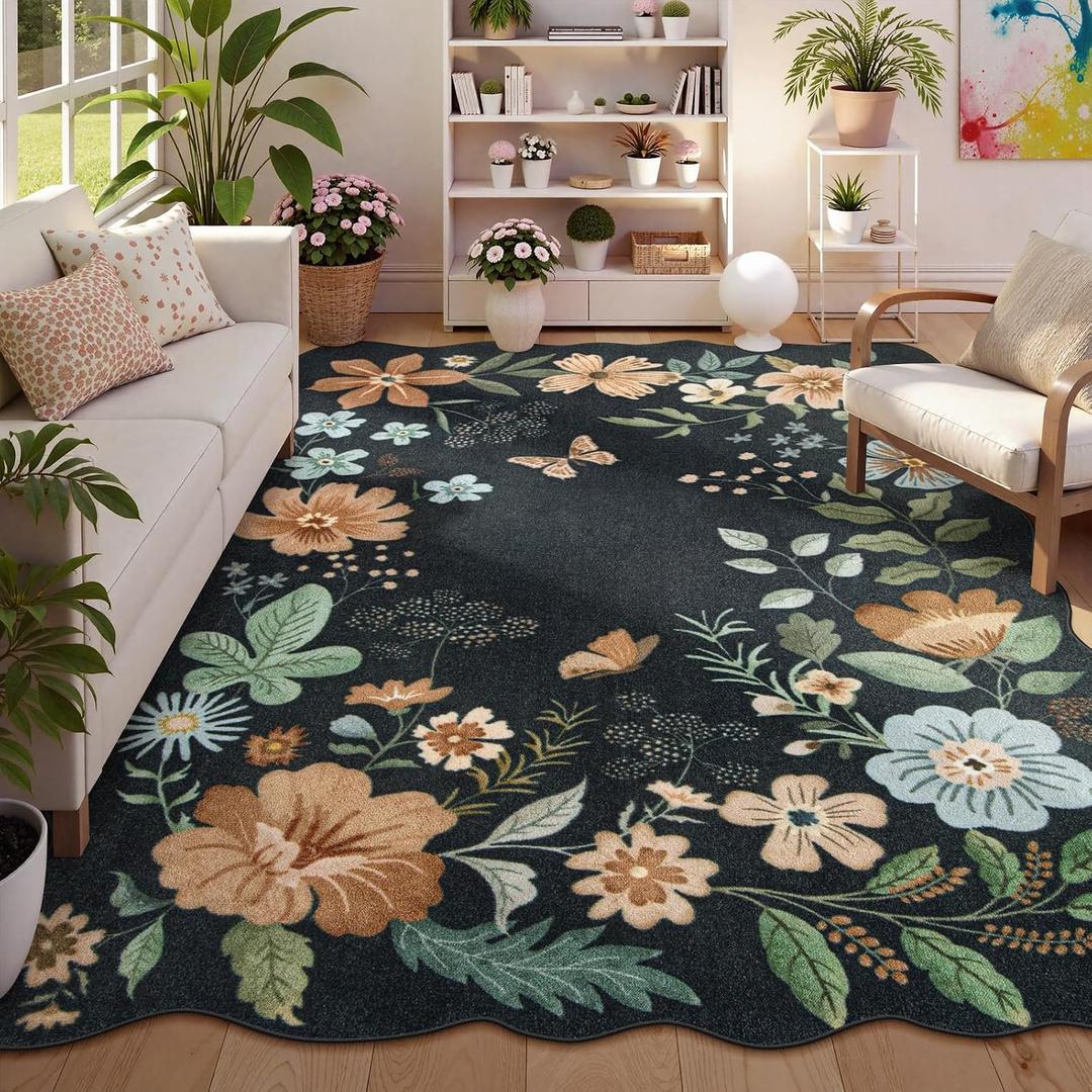 Lahome Floral Washable Rugs 8x10, Soft Ultra-Thin 8x10 Rugs for Living Room Bedroom, Easy Clean Boho Non-Slip Accent Carpet for Dining Room Office Flore (8x10ft,Black/Grey)