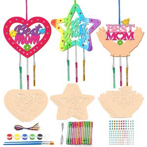 Fennoral 9 Pack MOM Wind Chime Kit for Kids Make You Own Mother's Day Wind Chimes DIY Coloring Mother's Day Wooden Art and Craft for Art Activity Mom's Birthday Decoration Mum Gifts