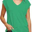 Hantaostyle Womens Summer Tops Short Cap Sleeve Casual V Neck T Shirts Loose Fit Flowy Solid Color Blouse Tank Tees Tees S Green (Green, S)