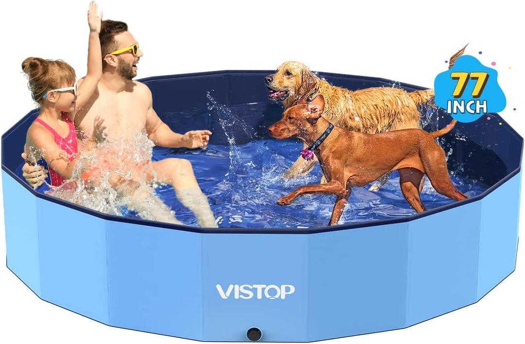 VISTOP Jumbo Foldable Dog Pool, Hard Plastic Shell Portable Swimming Pool for Dogs Cats and Kids Pet Puppy Bathing Tub Collapsible Kiddie Pool (77inch.D x 15.7inch.H, Blue)