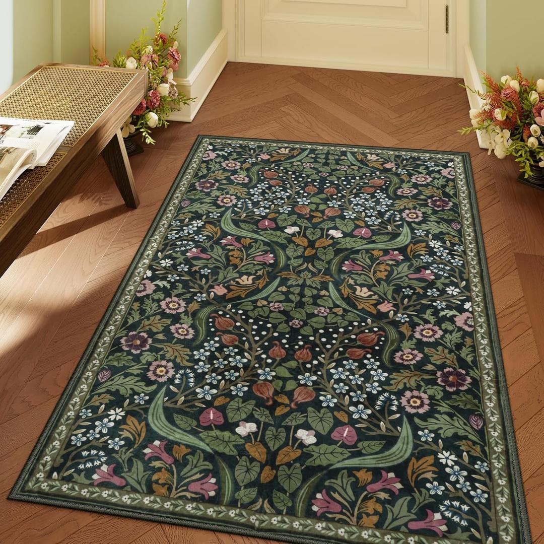 Lahome Floral 3'x2' Rugs for Entryway, Botanical Green Machine Washable Boho Throw Rugs for Entrance, Non-Slip Maximalism Stain-Resistant Soft Carpet for Bedroom, Kids Room, Dorm