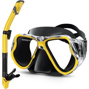 Greatever Dry Snorkel Set,Panoramic Wide View Anti-Fog Scuba Diving Mask,Professional Snorkeling Gear for Adults Kids (Small, Black Yellow)