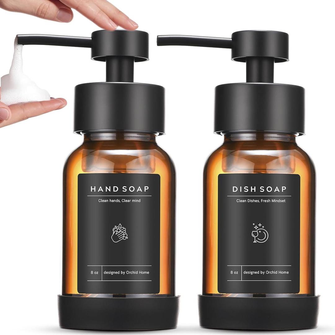 Foaming Soap Dispenser Set, Glass Foam Soap Dispenser with Plastic Pump, 8.5oz Empty Refillable Glass Bottle for Liquid Soap - Kitchen, Bathroom, Commercial