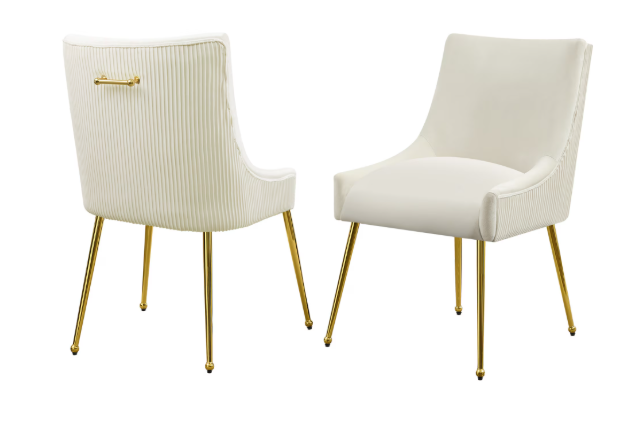 Velvet Dining Chairs Set of 2 with Gold Legs, Upholstered Accent Chairs, Pleated Back & Gold Pull Handle, Mid-Century Modern for Dining Room, Kitchen, Living Room, Beige