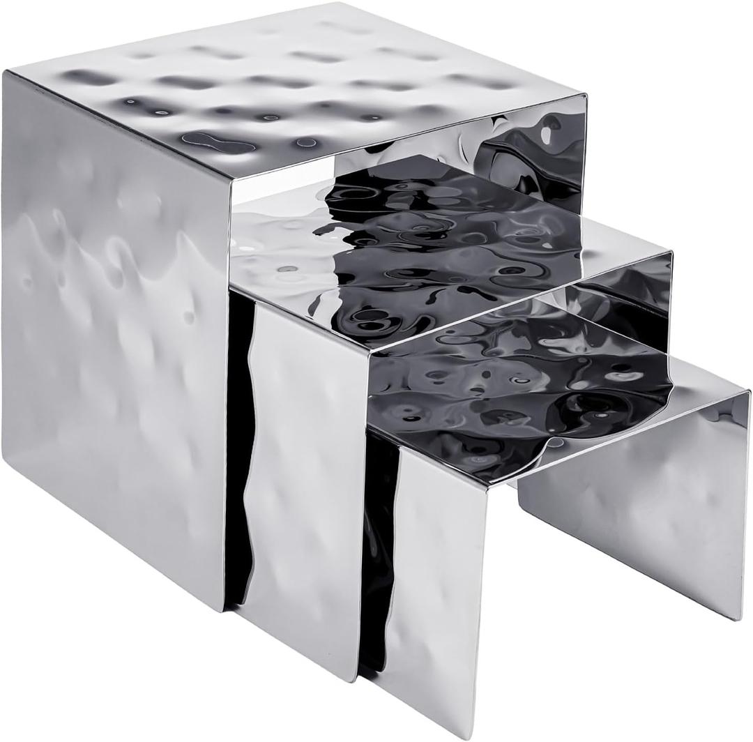 MorningRo 3 Pcs Nested Stainless Steel Display Risers with Hammered Finish Silver Food Dessert Display Stand for Catering Cupcake Collectibles Shoe, Item Weight 6.1 pounds Item dimensions L x W x H 9.06 x 8.86 x 8.86 inches