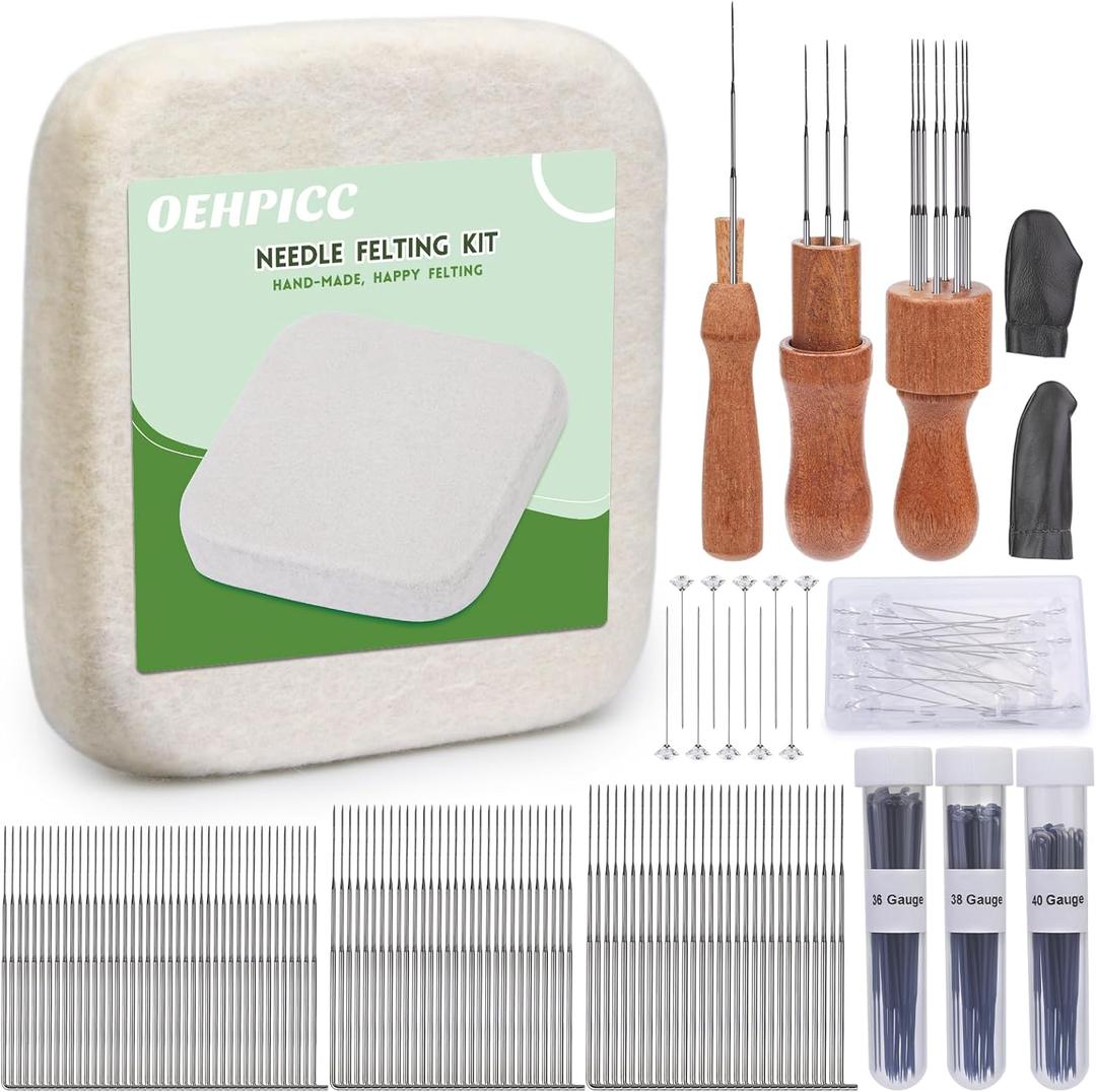 OEHPICC 128 Pcs Needle Felting Tools, 66 Inch Wool Felting Pad, 102 Pcs Felting Needles, Felting Tools with 3 Size Wooden Handle Holder for DIY Wool Felting Projects