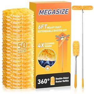 6 ft Heavy Duty Extendable Duster Handle with 50 Refills for Swiffer Duster, 360° Multi-Surface Dusters with 4X Cleaning Power for Home, Ceiling Fans, Windows, Dusting Hard-to-Reach Areas (Orange)
