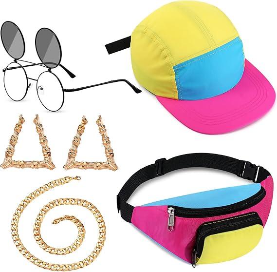 Cindeer 5 Pcs 90s Hip Hop Accessories for Women Men 80s 90s Outfit Neon Fanny Pack Hat Sunglasses Gold Chain Earrings
