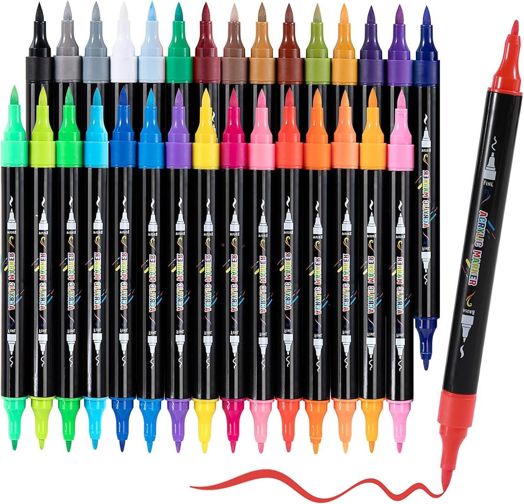 Acrylic Paint Markers,30 Colors Dual Tip Paint Pens for Wood, Canvas, Stone, Rock Painting, Glass, Ceramic Surfaces, DIY Crafts Making Art Supplies