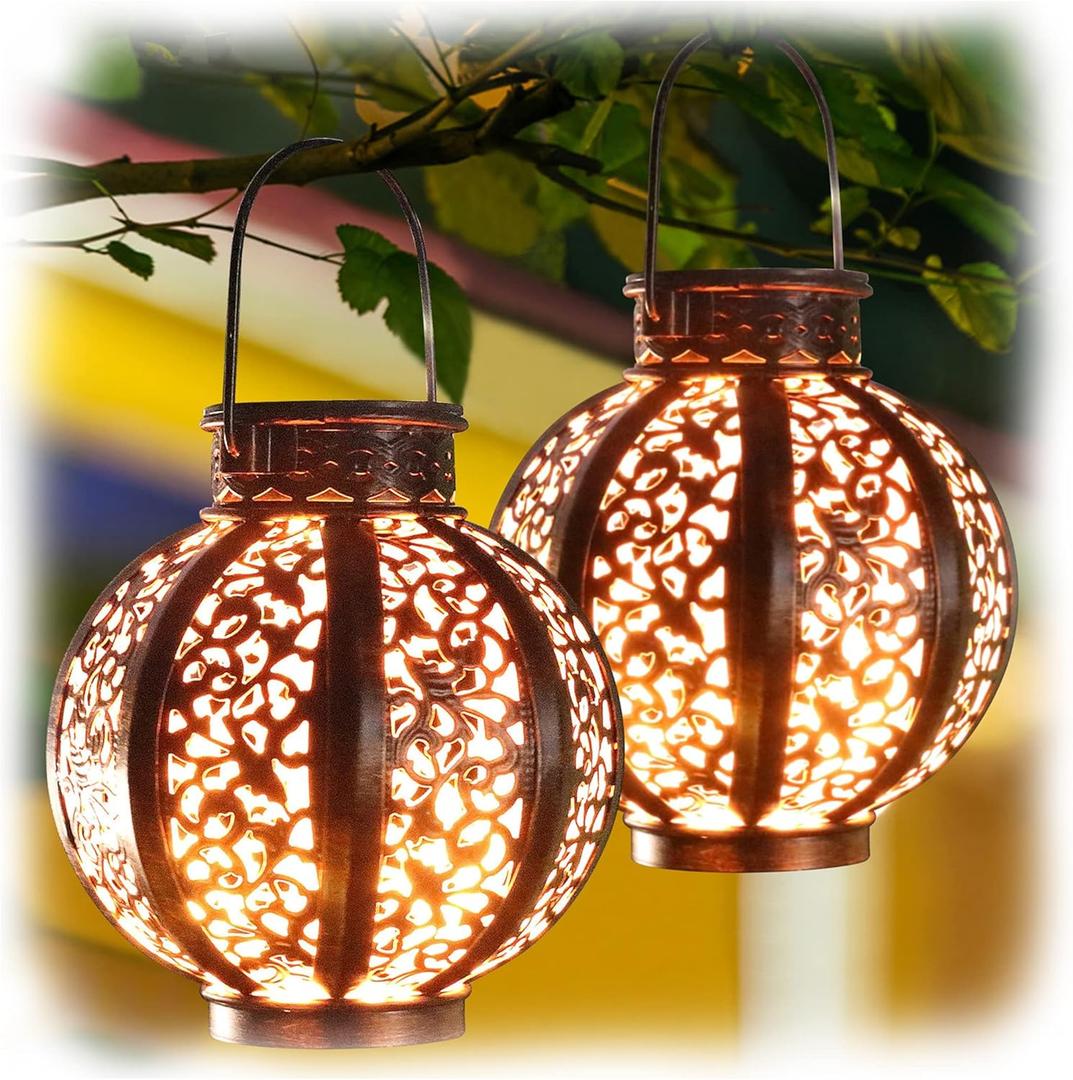 MAGGIFT 2 Pack Hanging Solar Lanterns Outdoor - Vintage Solar Powered Lantern for Outside - Waterproof Solar Lights for Yard Decor 6 Lumens, Copper