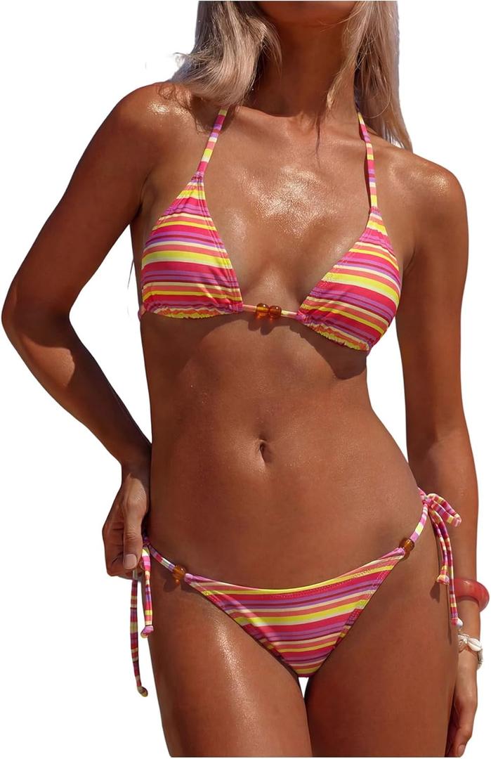 MakeMeChic Women's Striped Triangle Thong Micro Bikini Sets Halter Swimsuits Bathing Suit (S)