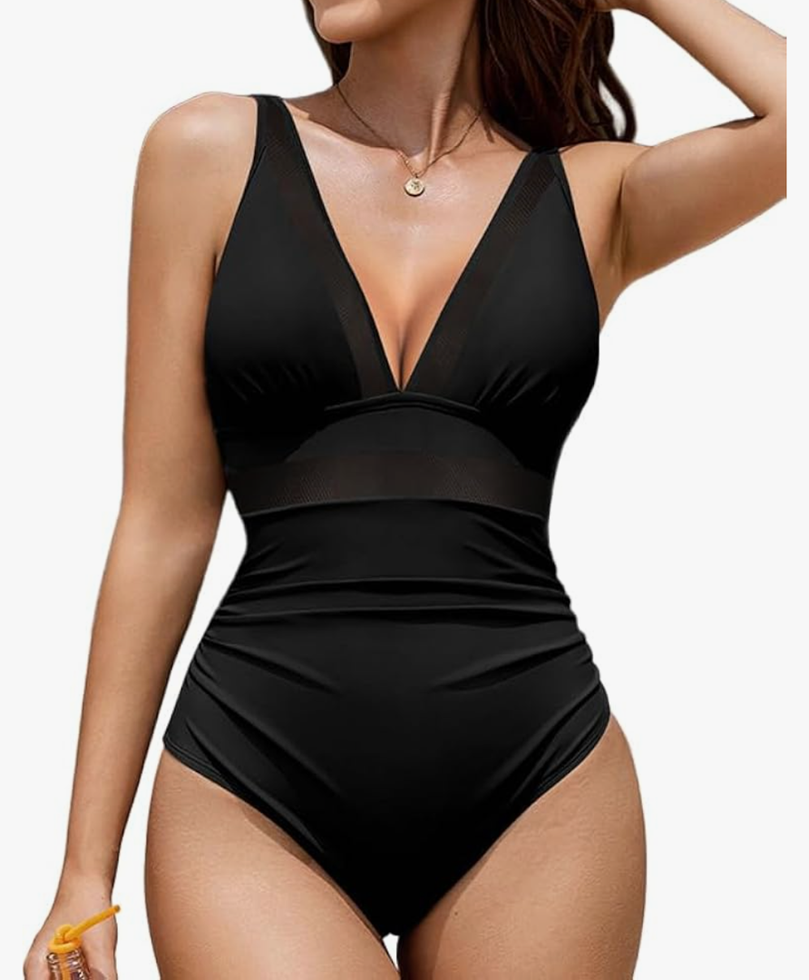 AI\\\'MAGE Women One Piece Swimsuit Tummy Control Bathing Suit Sexy Mesh V Neck Swimwear L
