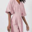 chouyatou Women Summer Puff Sleeve Button Down Shirt Dress Flowy Elegant Business Casual Midi Long Dress (Pink, L)