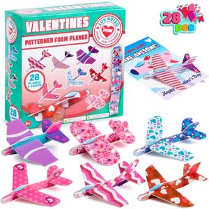 JOYIN 28 Valentine's Day Foam Airplanes for Kids, Greeting Cards with Punchline for Kids School Classroom Exchange Prizes Gift Supplies, Planes Party Favor