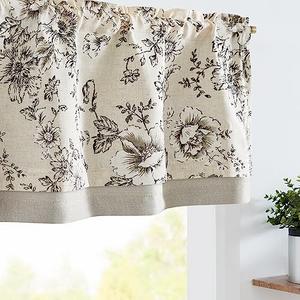 jinchan Linen Valance Curtain Farmhouse Black Floral Small Window Curtain Double Layer Light Filtering Fall Valance for Kitchen Rustic Biege for Living Room Bedroom 16 Inch Rod Pocket One Panel