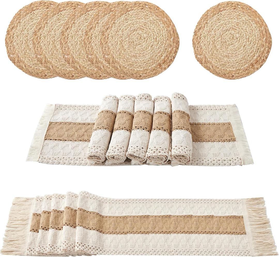 Denique Boho Placemats Set of 13 PCS - Handmade Grass Woven Meal Mats and Natural Cotton Linen Burlap, with 1 Macrame Burlap Table Runner 12x70inch, Table Mats Set for Dining Table Kitchen