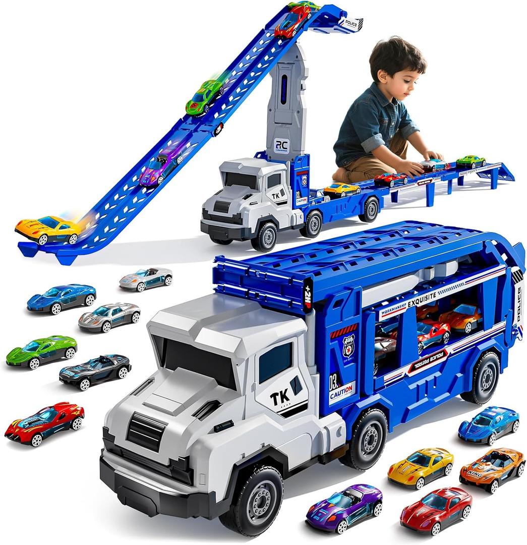 Truck Toys for Kids, Transport Vehicle with 12 Die-Cast Car, Double Race Car Track Cars Ramp Toy, Carrier Truck for Toddler 3-5, Christmas Birthday Gift for 3 4 5 6 7 8 Years Old Boys Girls